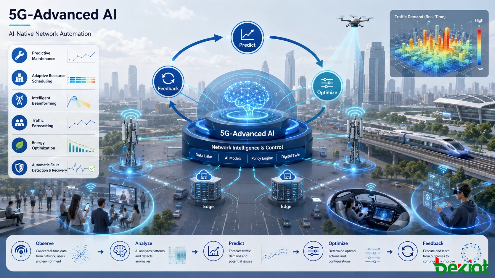 Automatisation réseau en boucle fermée par IA en 5G-Advanced pour la prédiction, l'ordonnancement des ressources, la formation de faisceaux et l'optimisation énergétique