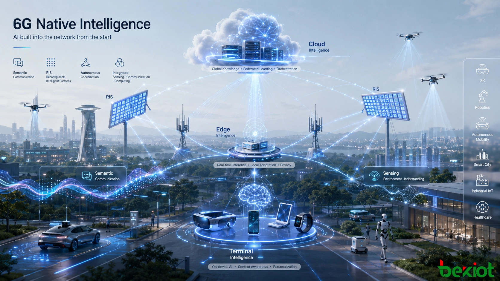Architecture IA native 6G intégrant terminaux, calcul en périphérie, stations de base, intelligence cloud, communication sémantique et RIS