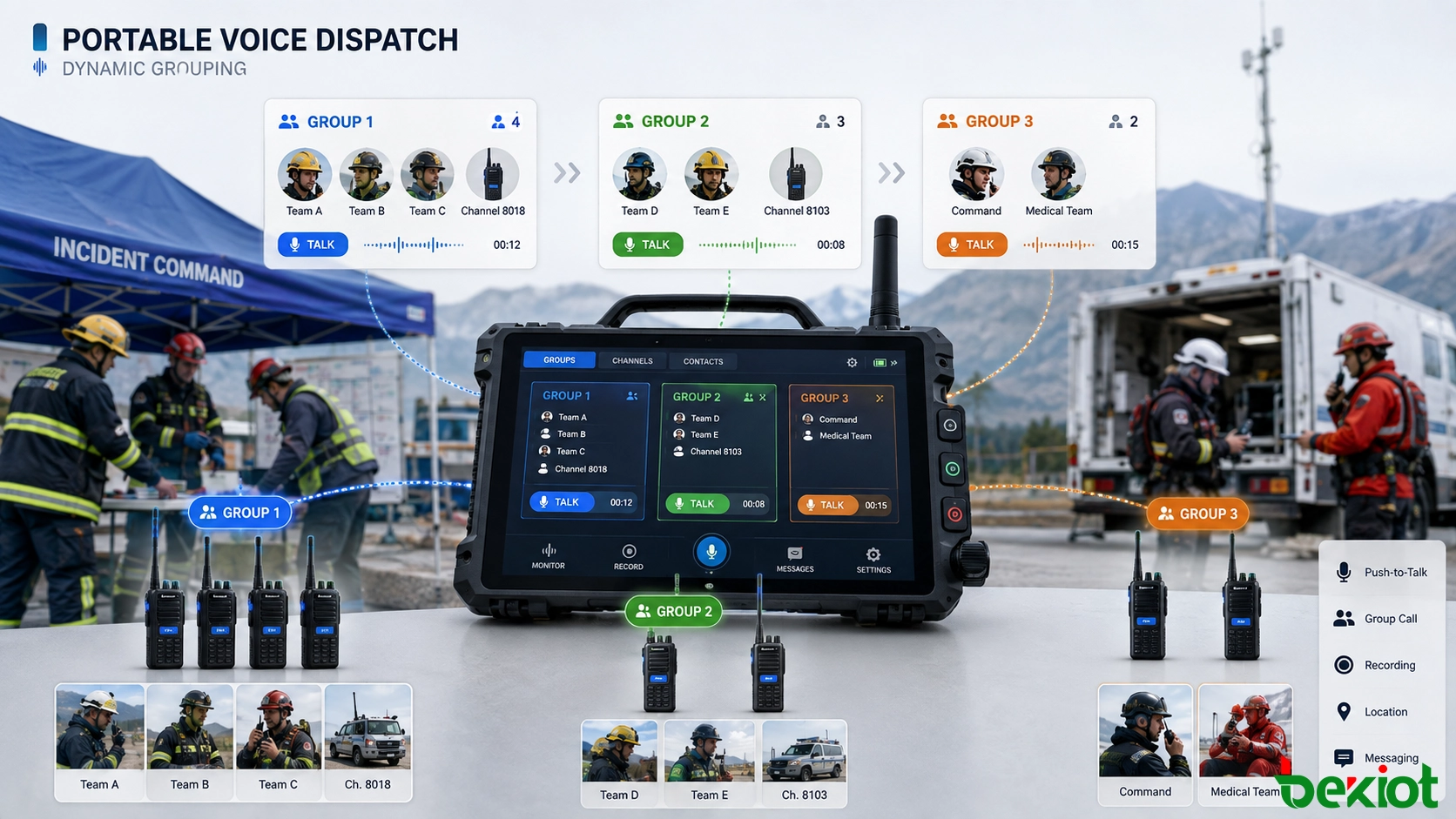 Console de répartition vocale portable groupant dynamiquement plusieurs canaux radio d'urgence pour la coordination sur le terrain