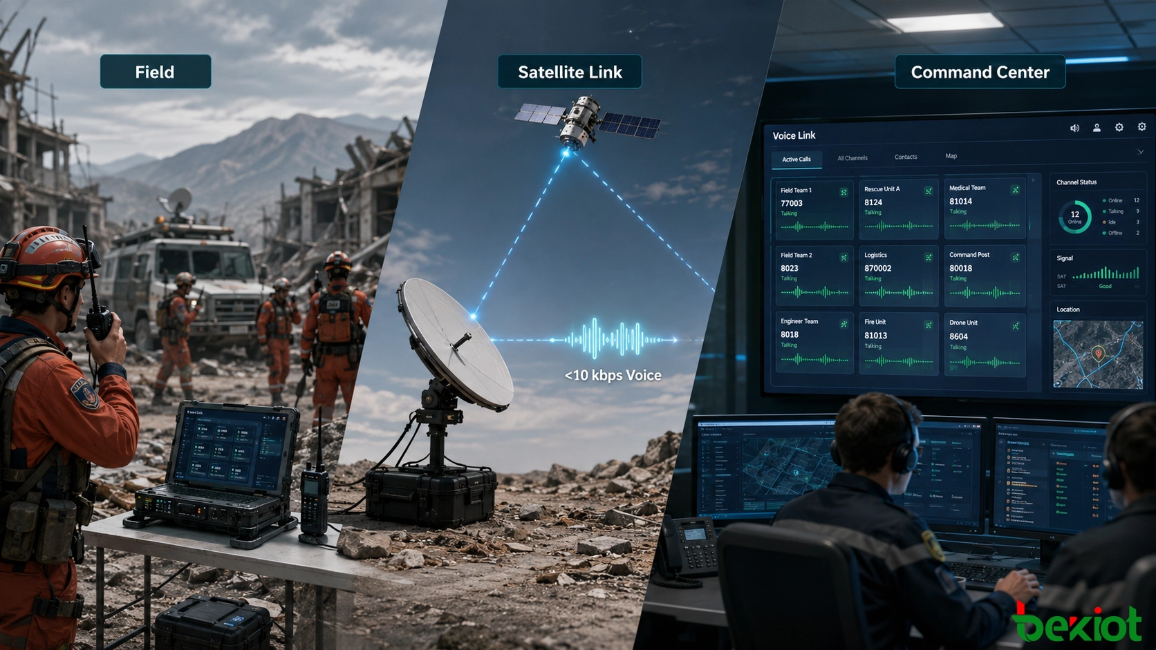 Communication vocale d'urgence à faible débit reliant les radios de terrain et un centre de commandement à distance via une connexion satellite