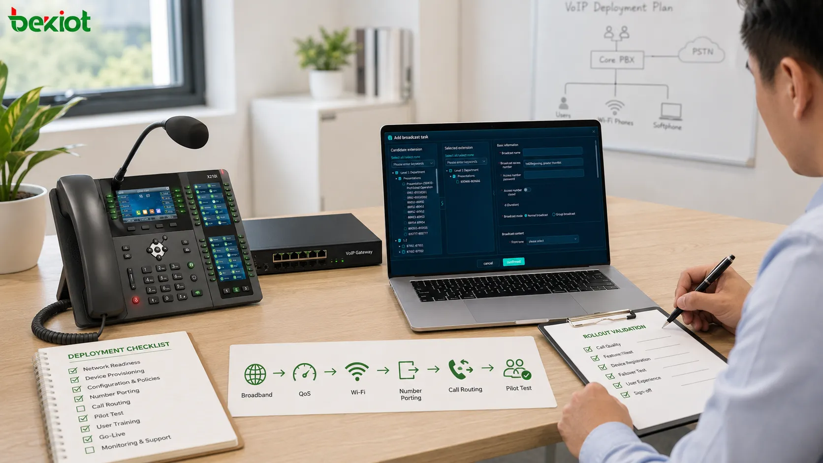 Liste de contrôle du déploiement VoIP pour petite entreprise couvrant qualité haut débit QoS Wi-Fi portabilité numéros téléphones IP applications mobiles routage intégration CRM et pilote
