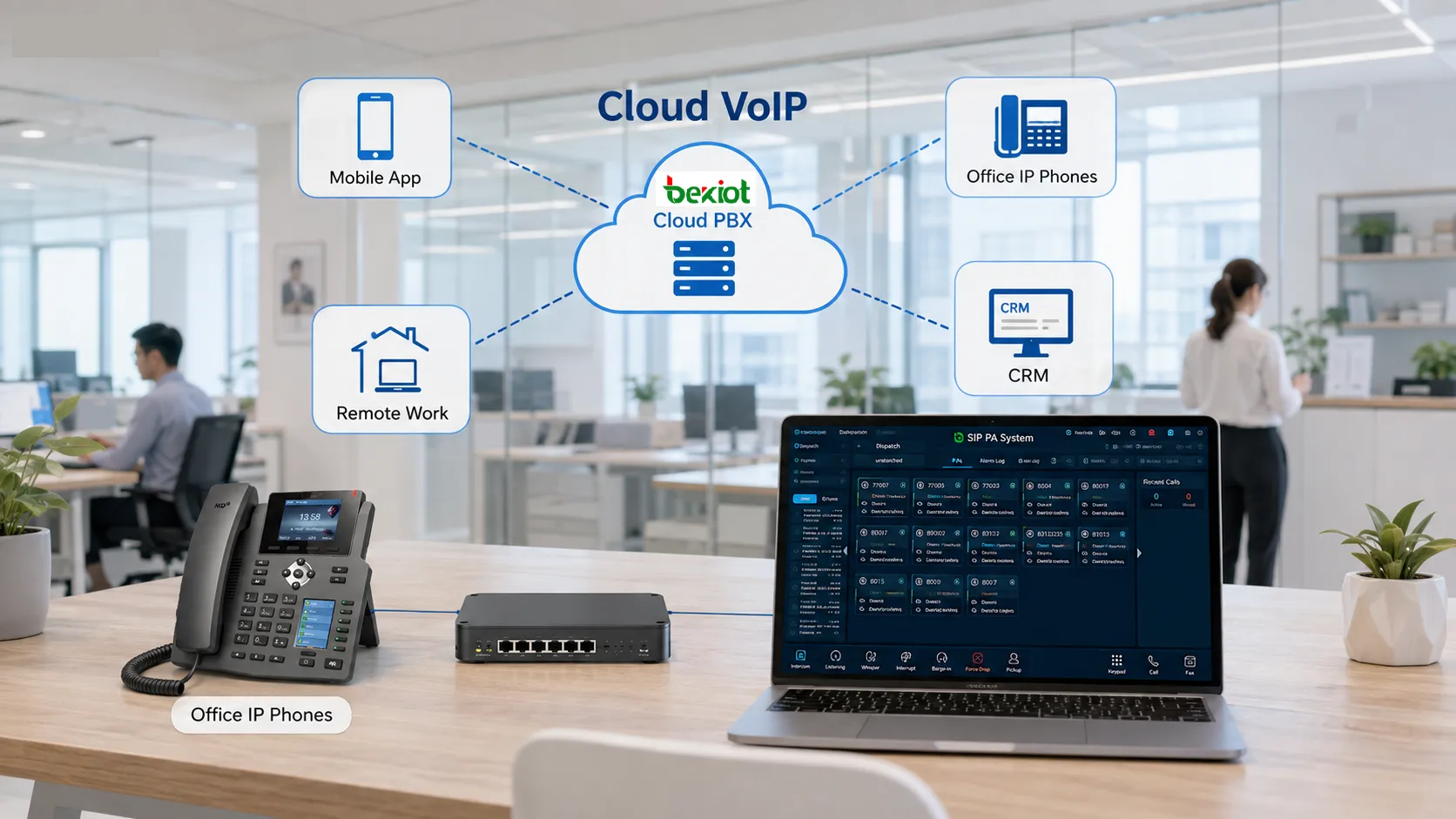 Architecture VoIP cloud reliant téléphones de bureau employés distants applications mobiles réseaux haut débit et services de communication cloud pour petites entreprises
