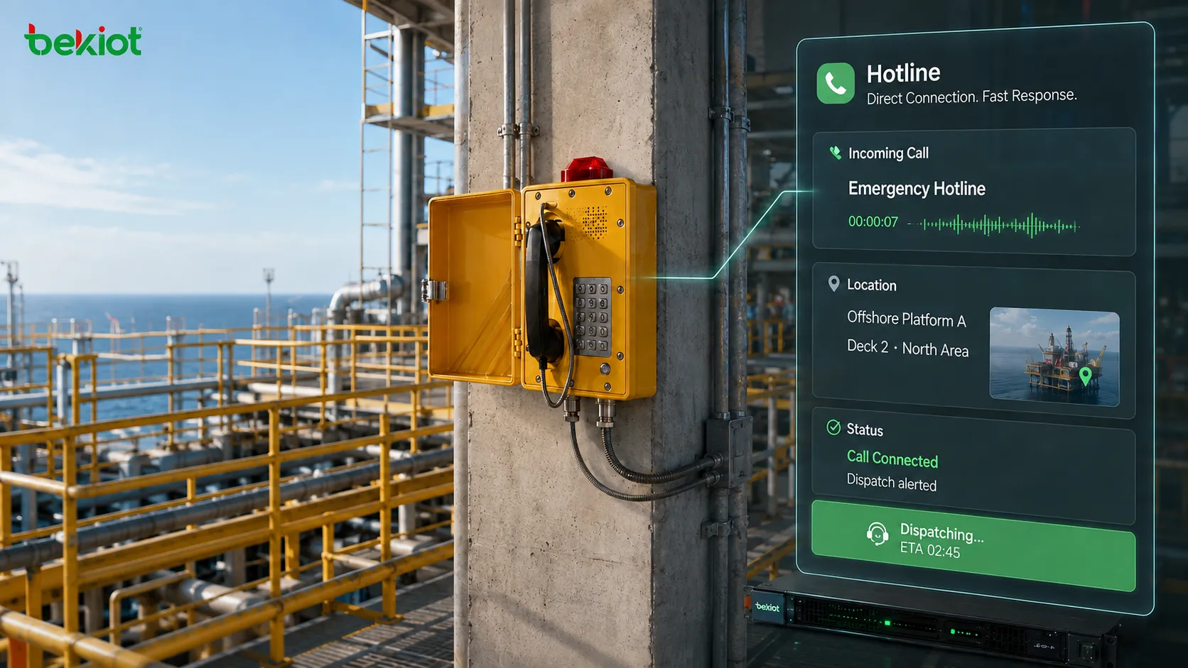 Téléphone antidéflagrant EX-BH621 utilisé pour les appels d’urgence directs en zone dangereuse avec personnel sur site plateforme de dispatching de la salle de contrôle ligne directe affichage de la localisation et flux de réponse rapide