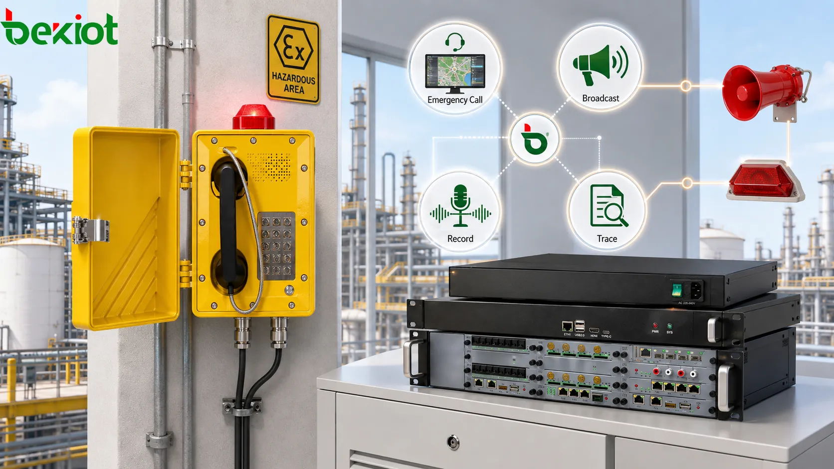 Téléphone antidéflagrant connecté à une plateforme de dispatching et à un système d’enregistrement montrant un appel d’urgence le traitement en salle de contrôle le couplage de la diffusion la traçabilité et la boucle d’analyse du temps de réponse