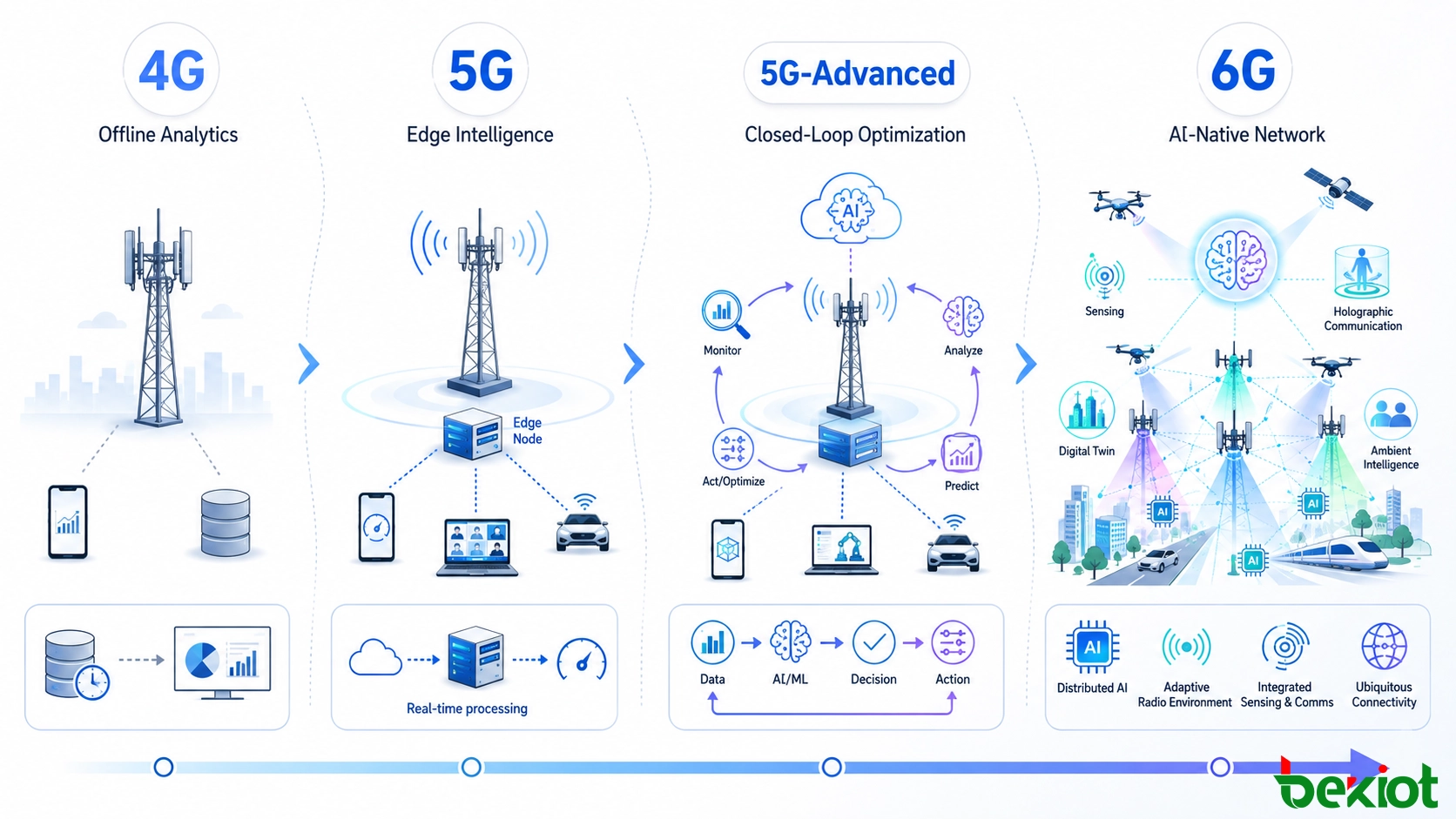 Évolution de l'IA dans les réseaux mobiles, de l'analyse hors ligne en 4G à l'intelligence en périphérie en 5G, l'optimisation en boucle fermée en 5G-Advanced et la future 6G native de l'IA