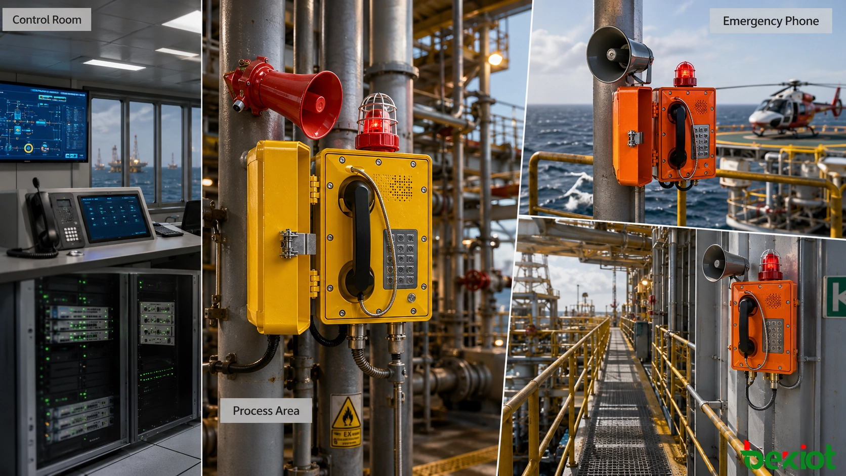 Déploiement de téléphones d'urgence sur plateforme offshore par zones couvrant la salle de contrôle, le pont de production, la zone des compresseurs, l'héliport, la salle des machines et la zone des canots de sauvetage