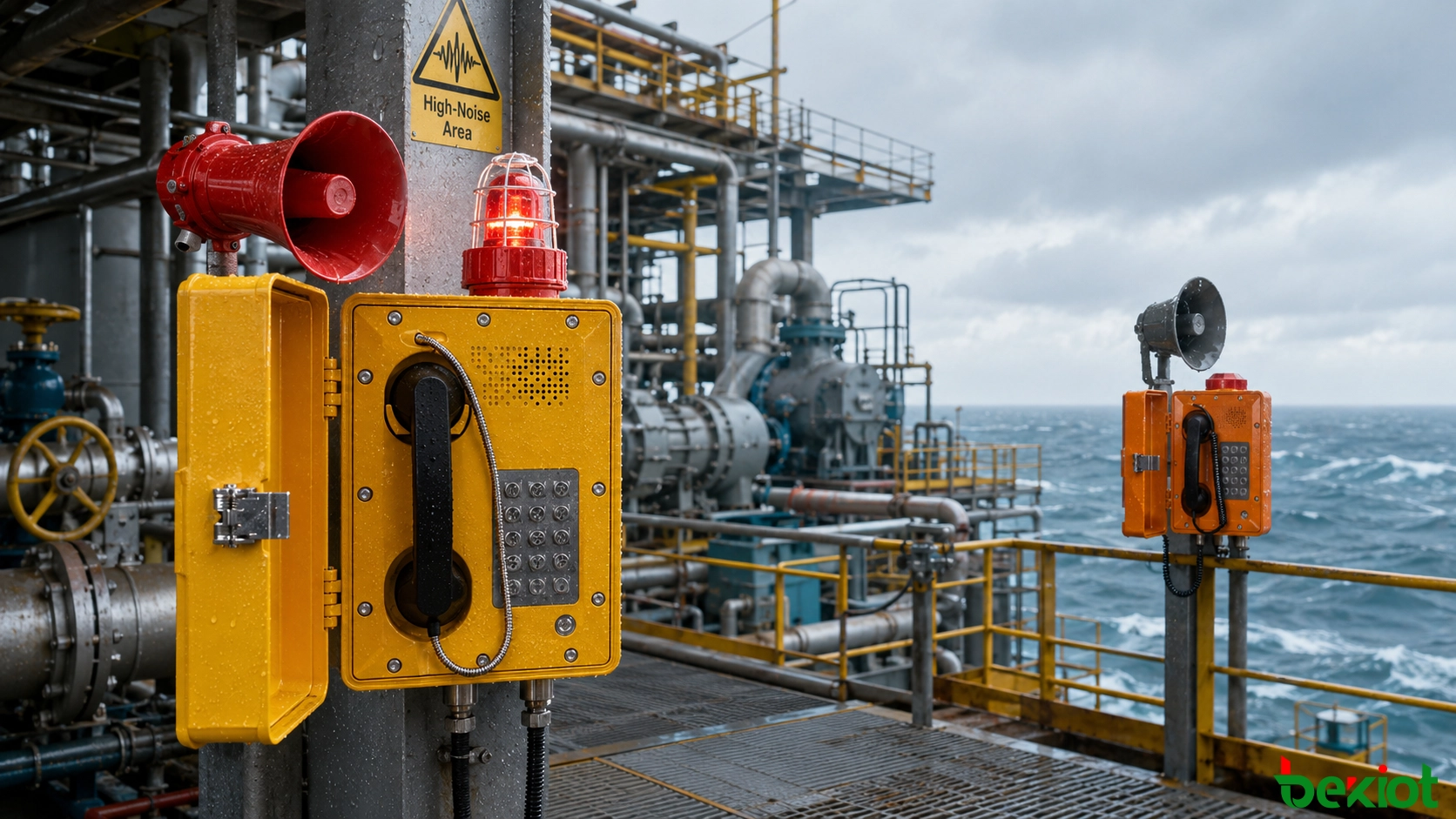 Communication d'urgence en environnement bruyant sur plateforme offshore utilisant des téléphones industriels, des haut-parleurs à pavillon, des alarmes visuelles et l'intégration à la répartition en salle de contrôle