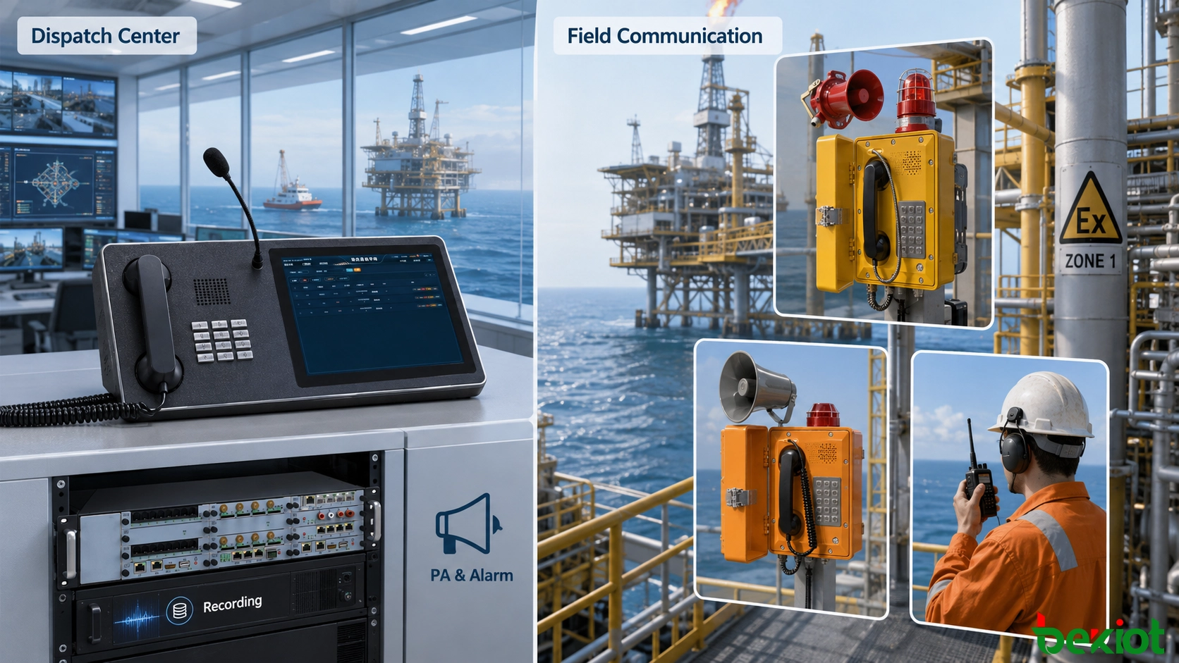Architecture de communication d'urgence pour plateforme offshore connectant les téléphones industriels et antidéflagrants aux serveurs de répartition, aux consoles de salle de contrôle, à la sonorisation, aux alarmes et aux systèmes d'enregistrement