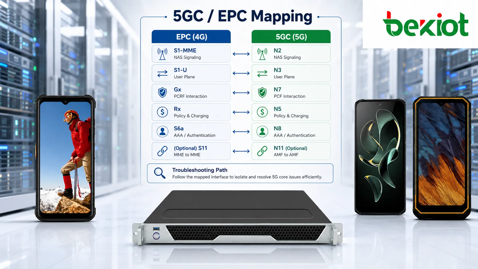 Mappage des interfaces 5GC et EPC comparant N2 N3 N4 N5 N7 N8 N11 et d’autres interfaces du cœur avec S1 Gx Rx S6a et les interfaces EPC historiques