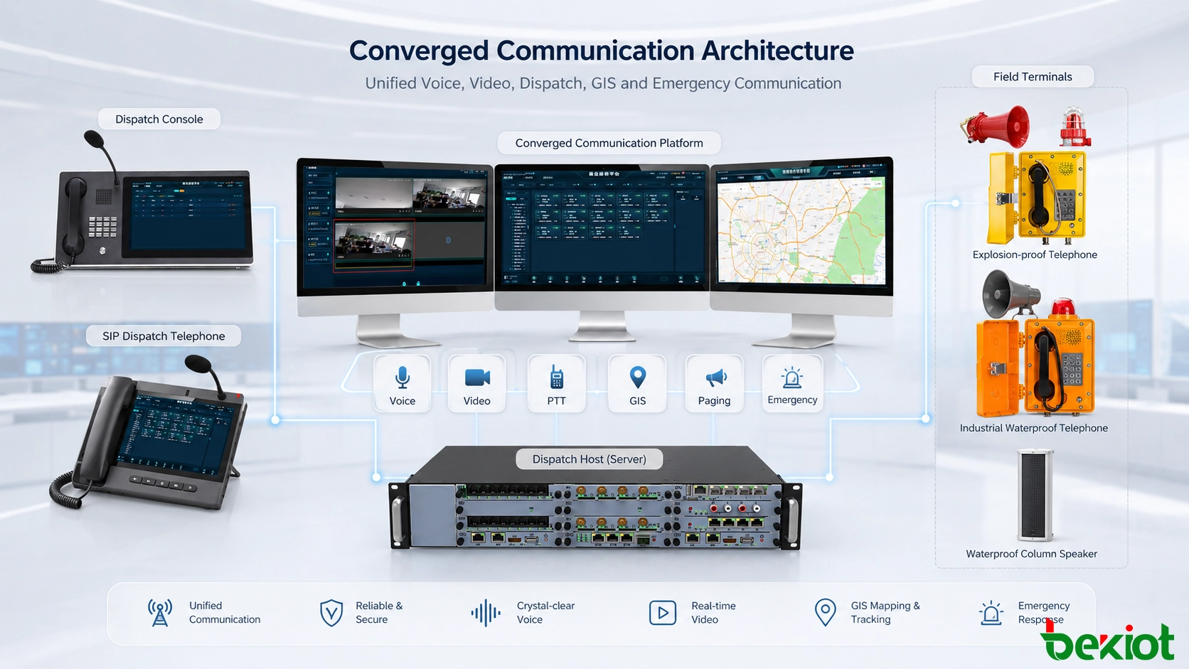 Architecture de communications unifiées connectant les services voix, vidéo, conférences et appuyer pour parler