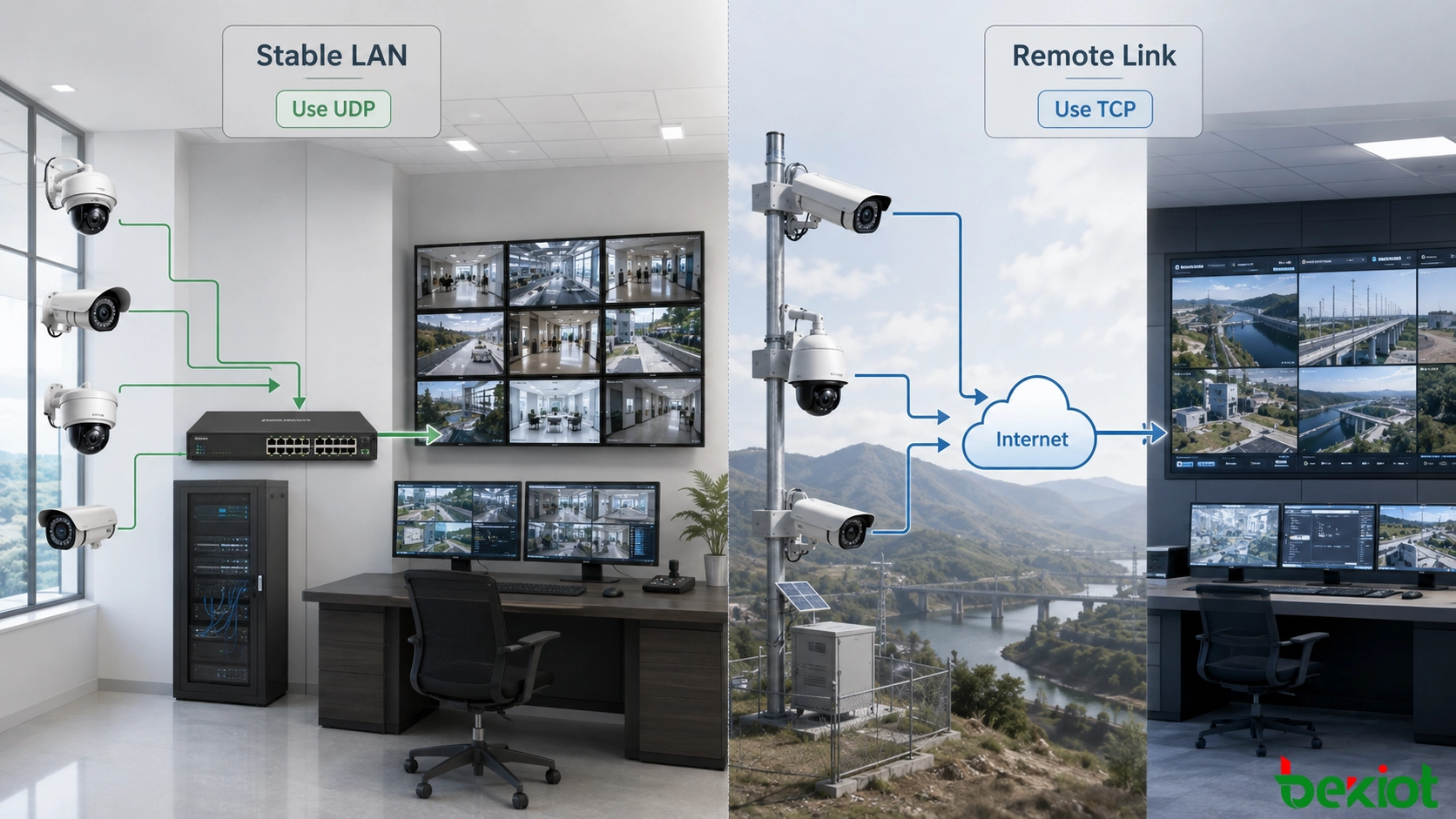 Réseau de vidéosurveillance montrant la sélection du protocole pour la surveillance locale des caméras et la transmission Internet à distance