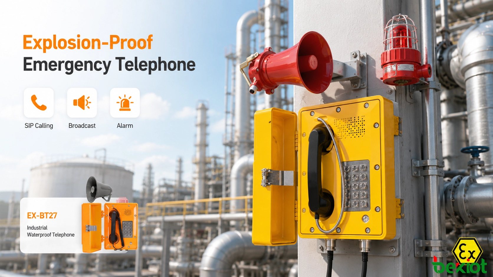 Téléphone antidéflagrant installé dans une zone pétrochimique dangereuse avec fonctions d'alarme et de communication industrielle