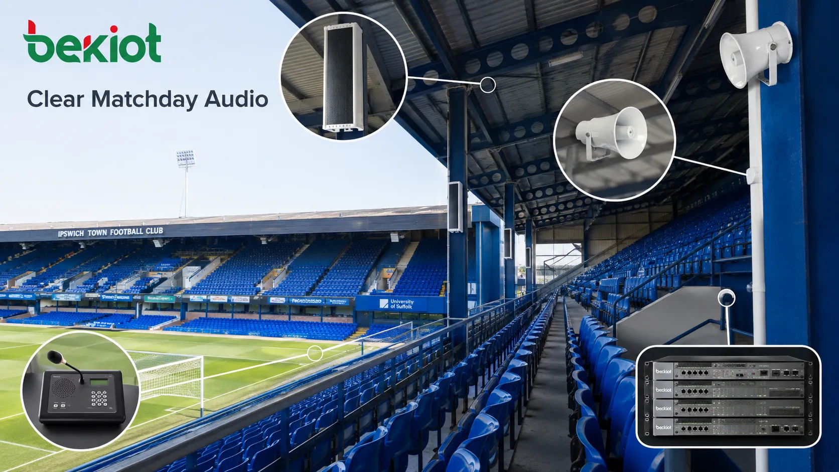 Extérieur et tribunes du stade Portman Road d’Ipswich Town, où le club prévoit une modernisation du système de PA d’environ 1 million de livres