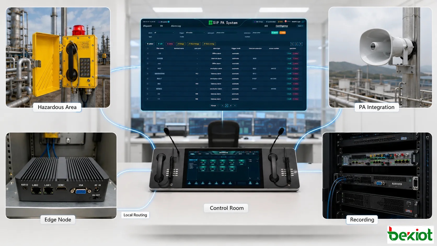 Routage de plateforme de dispatching à faible latence pour téléphone industriel montrant un serveur SIP local, une console de salle de contrôle, un téléphone antidéflagrant, un système d’enregistrement, l’intégration PA et un nœud d’accès en périphérie