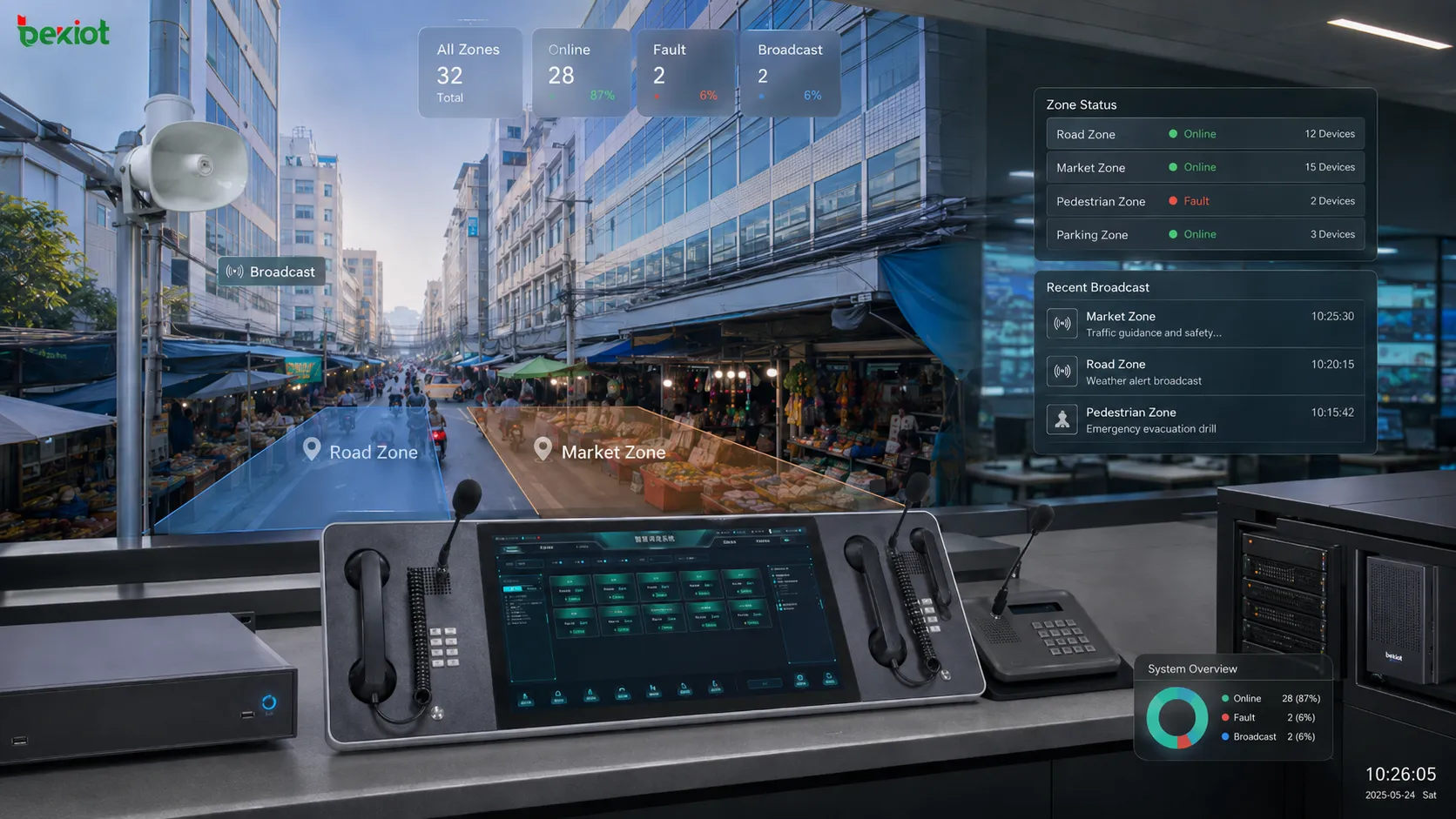 Exploitation de la sonorisation d’une route intelligente avec surveillance CCTV, centre de contrôle, haut-parleurs zonés, mâts d’éclairage intelligents et communication publique sur l’environnement routier