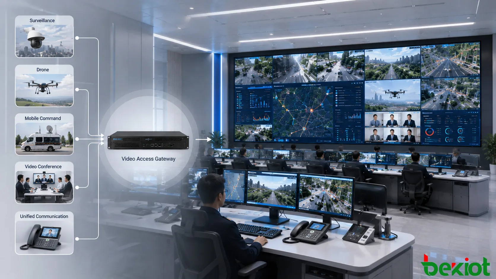 Centre de commandement intégrant des caméras de surveillance, des visioconférences, des drones, des véhicules de commandement mobiles et la vidéo des communications unifiées via une couche d'accès vidéo partagée
