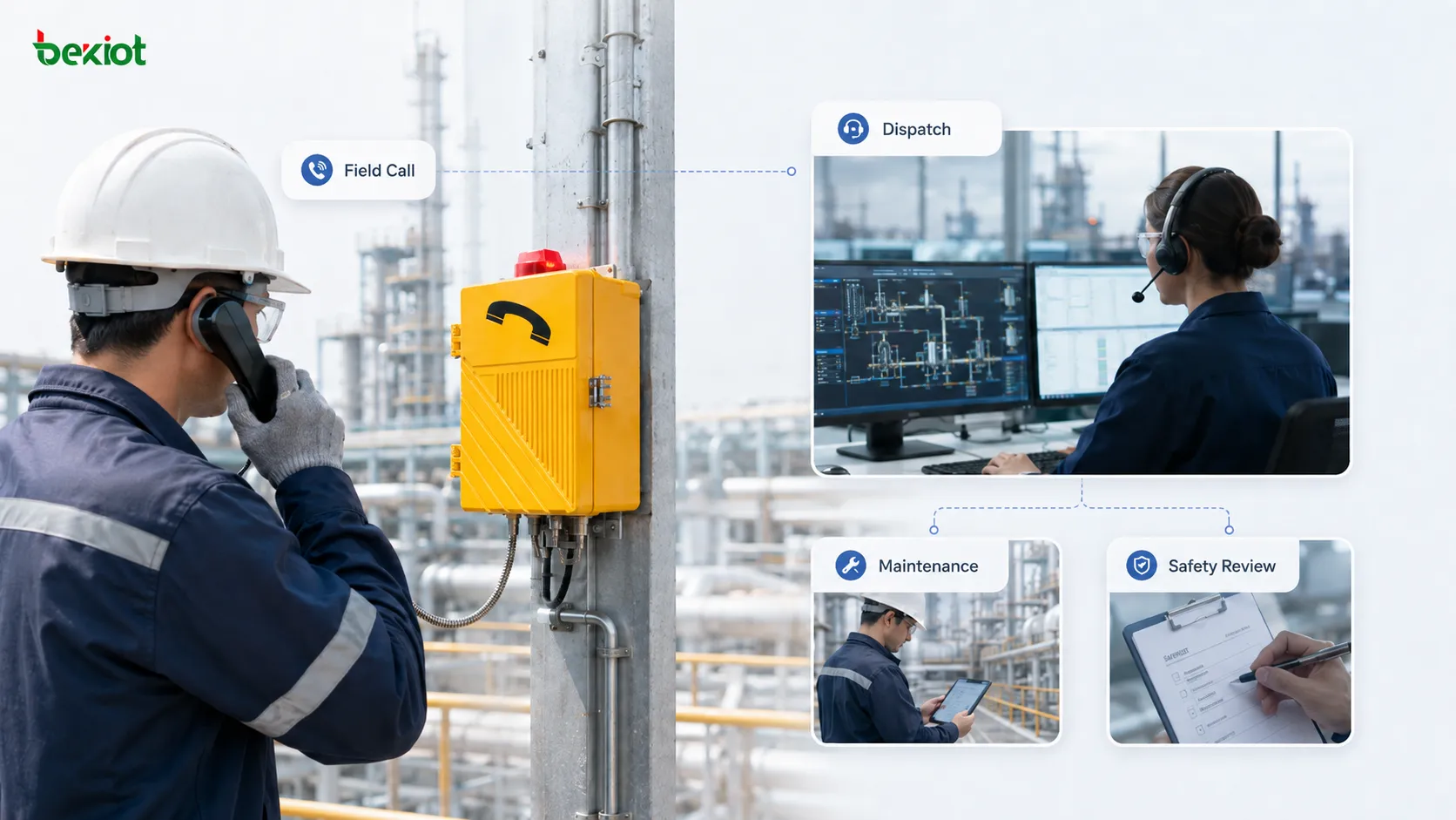 Enquête sur l'expérience utilisateur de la clarté vocale du téléphone industriel montrant un travailleur de terrain dans un atelier très bruyant utilisant le combiné, la réponse de la salle de contrôle, un test d'appel bidirectionnel et des enregistrements de retour