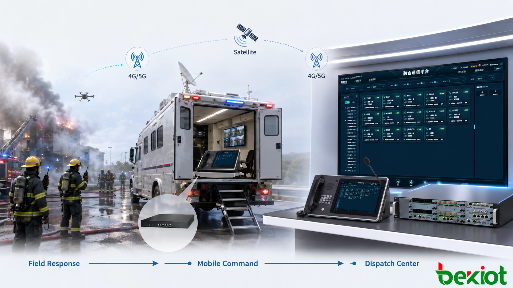 Flux de travail d'intervention d'urgence montrant des pompiers et du personnel de secours utilisant des radios connectées via un véhicule de commandement d'urgence à un centre de répartition distant via des liaisons de communication 4G, 5G et par satellite