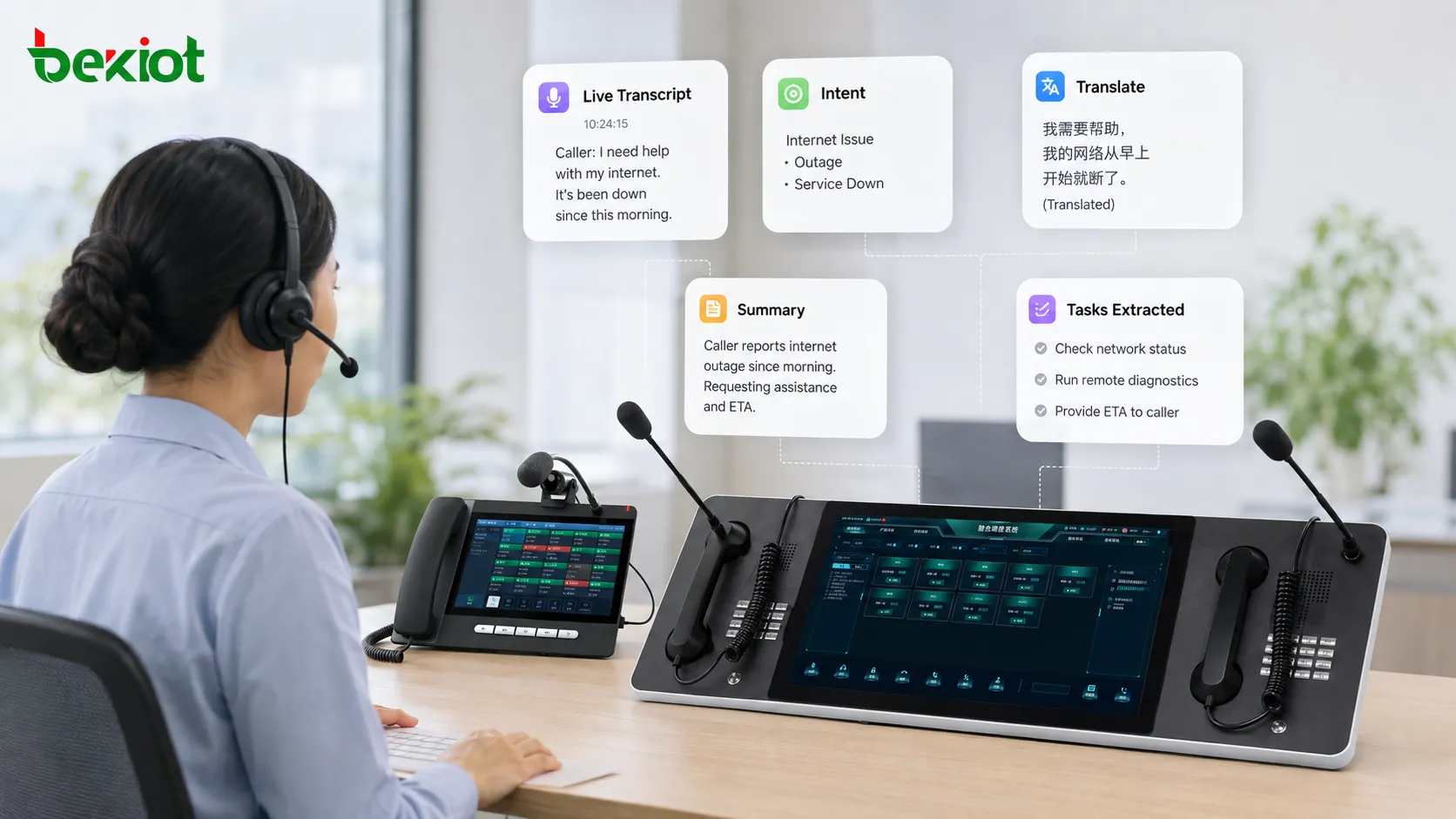 Analyse en temps réel d’un appel VoIP assistée par IA avec transcription vocale, détection de l’intention du client, traduction en direct, rapprochement avec les données historiques et assistance intelligente à l’agent