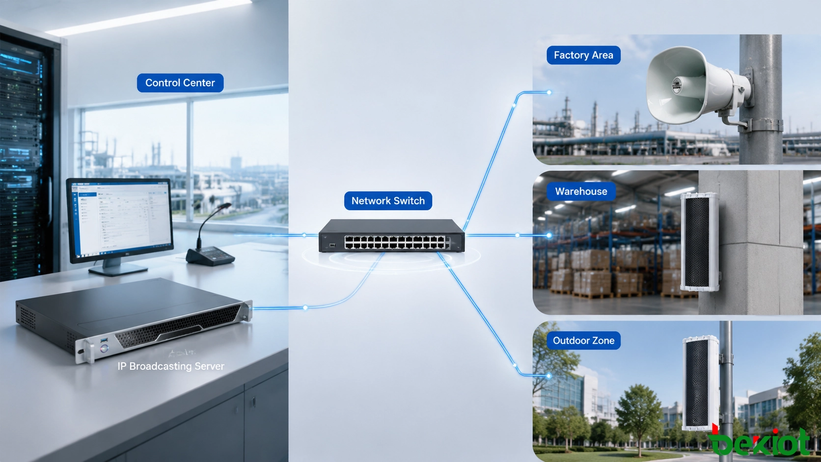 Architecture de radiodiffusion IP à distance connectant le réseau serveur et les terminaux audio IP