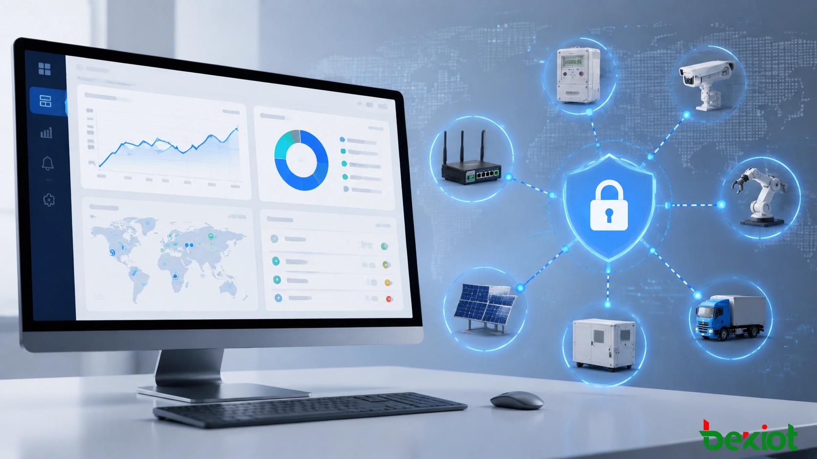 Plateforme de gestion IoT d'entreprise surveillant les appareils connectés et l'état de sécurité du réseau