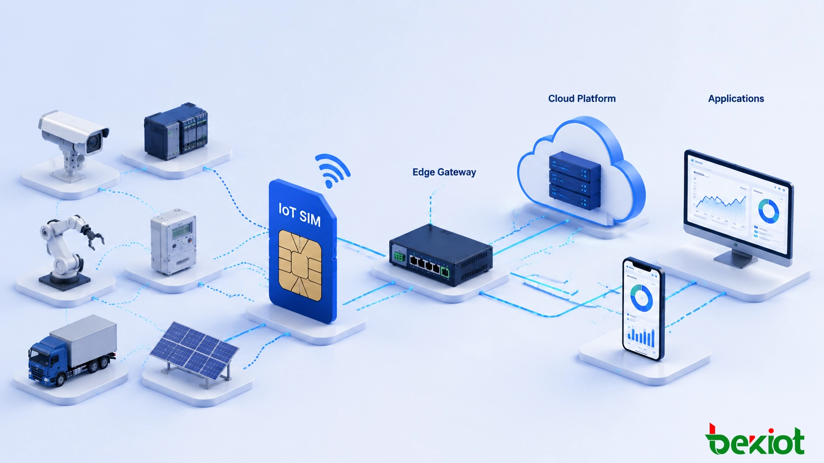 Architecture de connectivité IoT d'entreprise reliant des appareils industriels via des réseaux cellulaires SIM IoT aux plateformes edge, cloud et aux applications métier