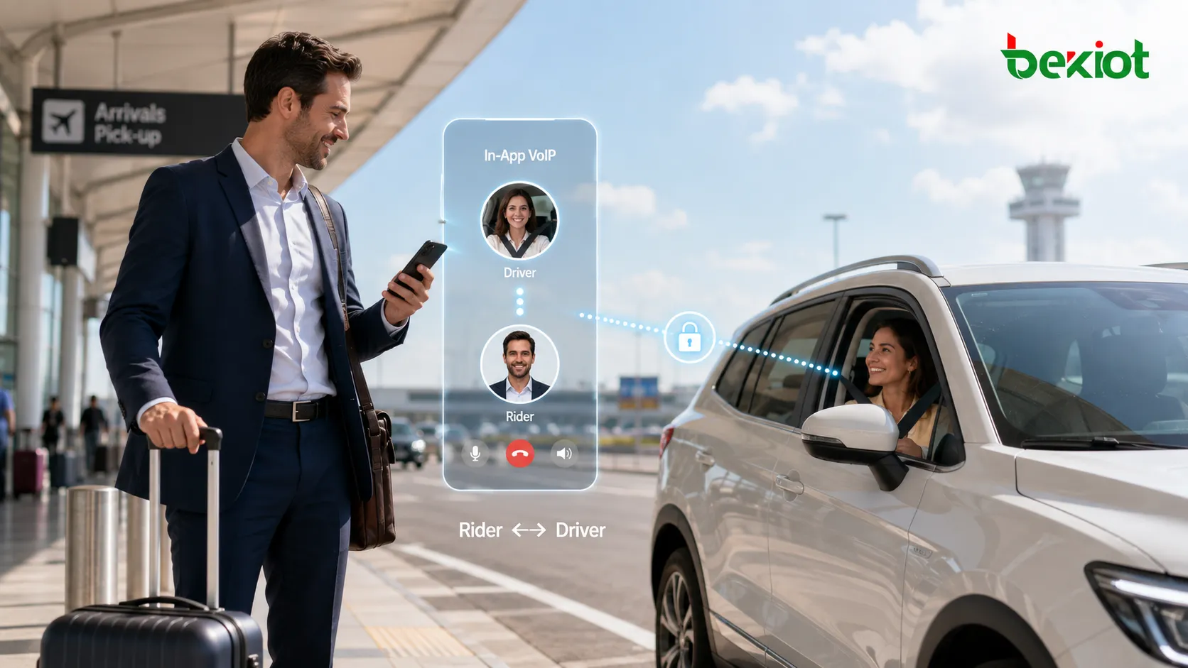 Application de VTC utilisant la VoIP intégrée pour relier passagers et chauffeurs sans divulguer leurs numéros de téléphone personnels