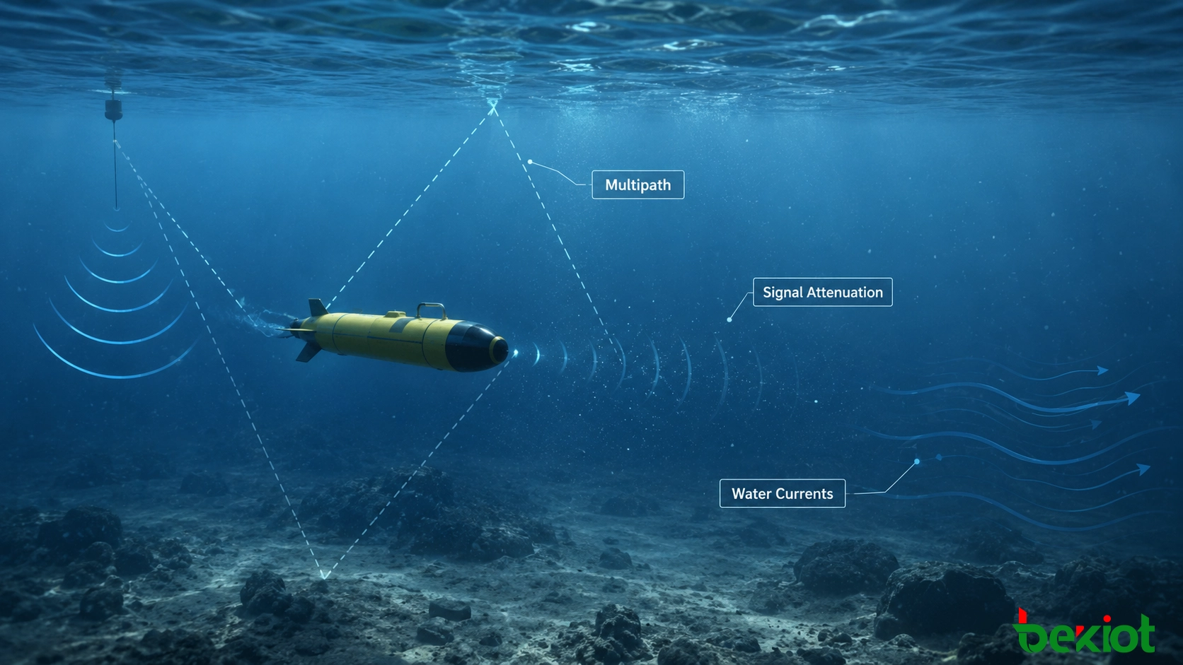 Environnement de communication sous-marine pour AUV montrant l'atténuation du signal, la propagation multitrajets, les courants d'eau et les défis de communication