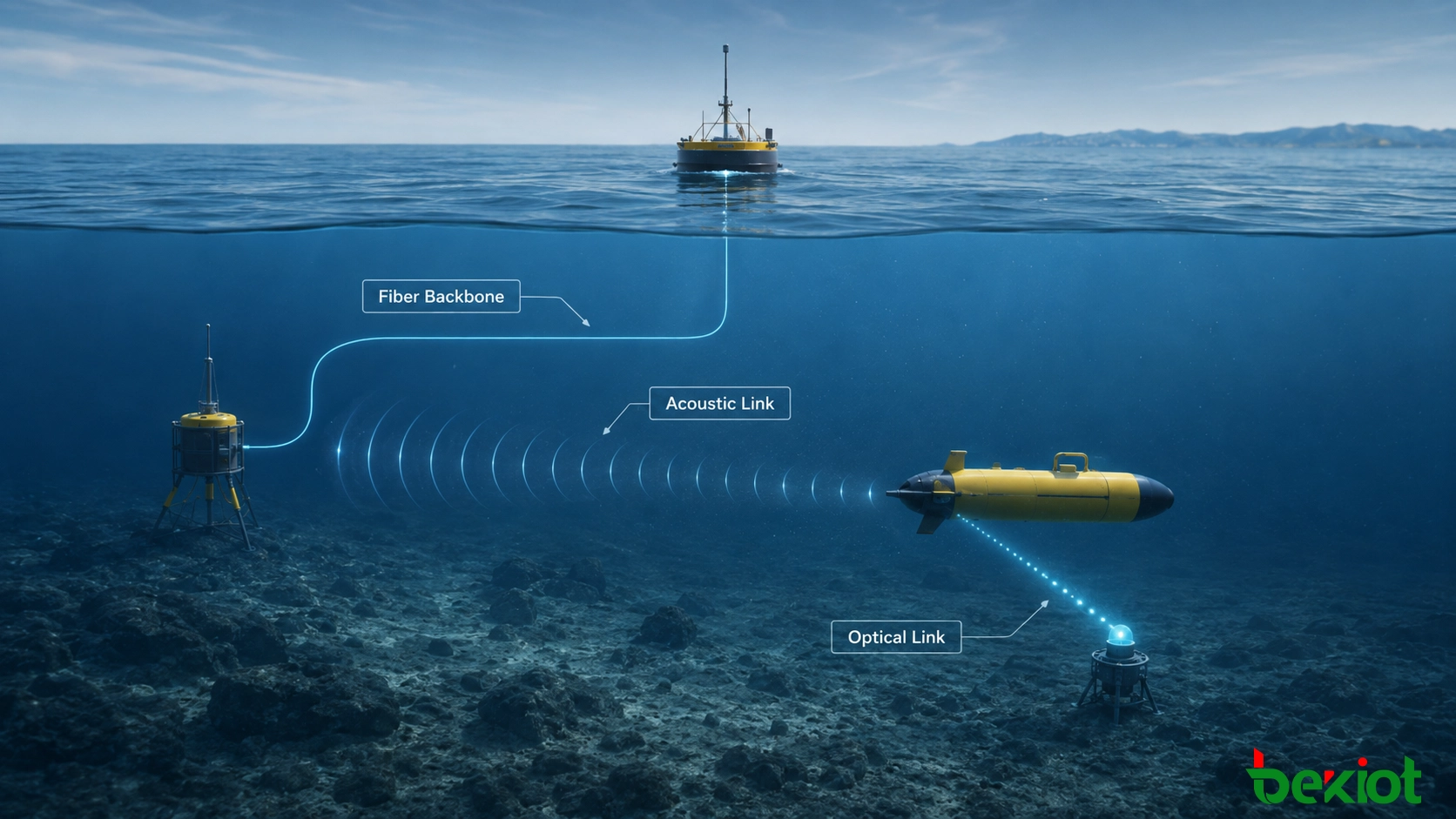 Architecture de communication hybride pour AUV combinant contrôle en surface, station sous-marine connectée par fibre, liaison acoustique et transfert de données optique