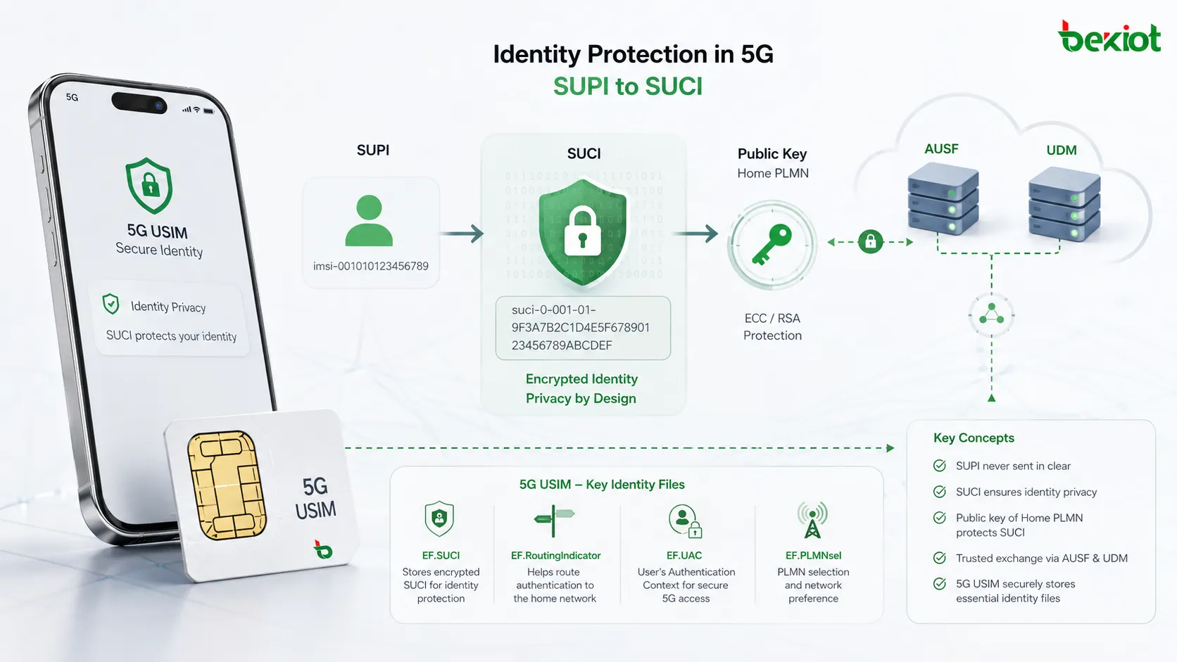 L'USIM 5G utilise des fichiers EF pour le calcul du SUCI, l'indicateur de routage, l'UAC et le PLMN pour la confidentialité de l'identité et la gestion de l'accès