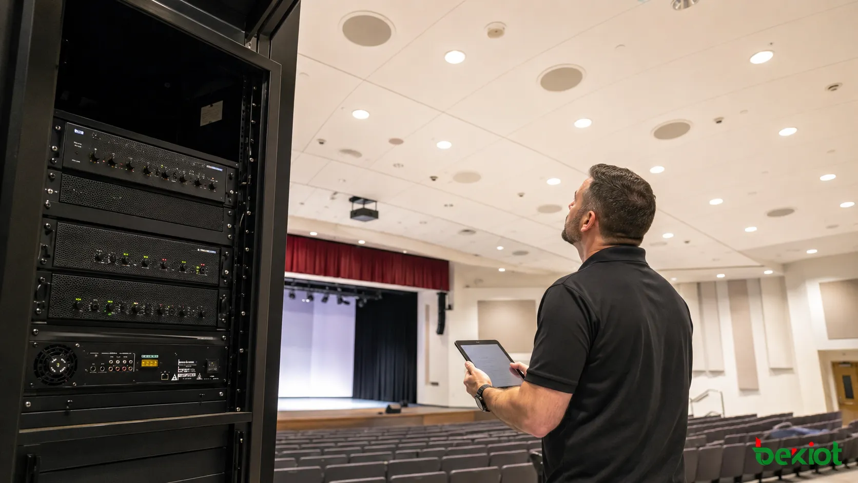 Système de sonorisation moderne réduisant l’espace en rack et améliorant la gestion des enceintes grâce à des amplificateurs à forte densité de canaux et à un DSP intégré
