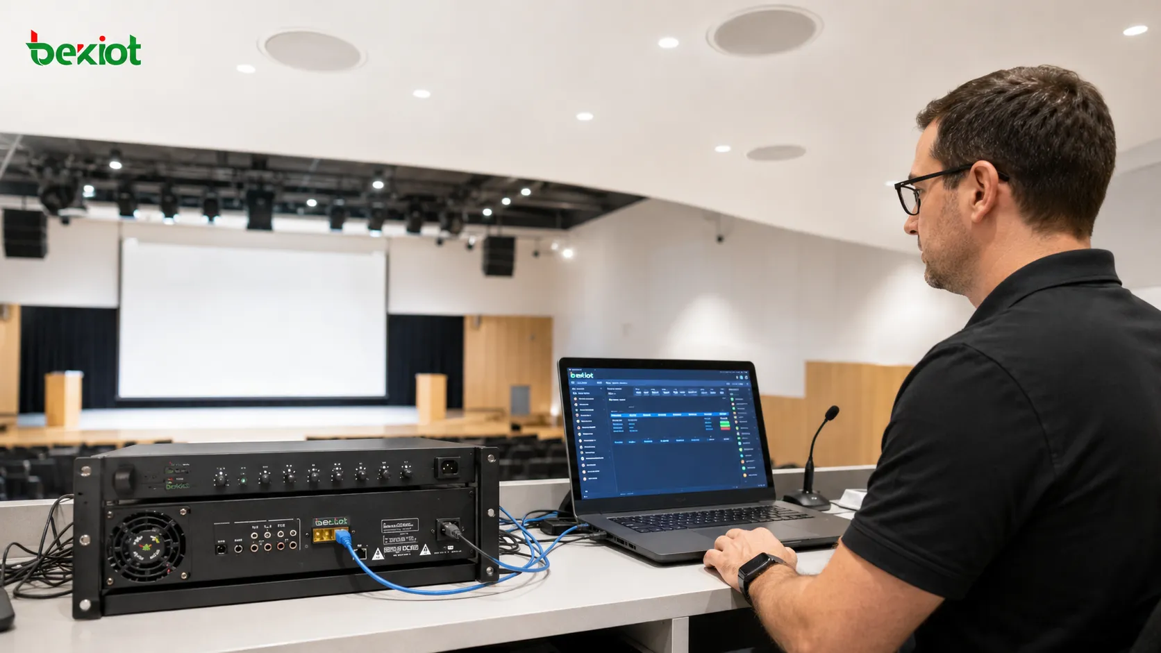 Système de sonorisation de théâtre améliorant la fiabilité du direct grâce à la supervision réseau, au contrôle à distance et à des entrées doubles Dante et analogiques