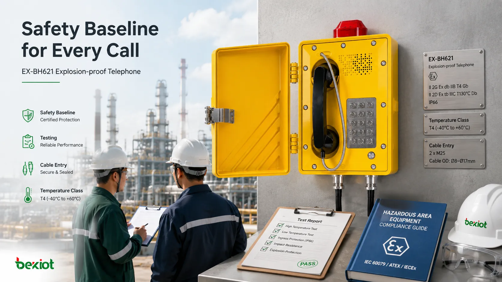 Essais de sécurité d'un téléphone antidéflagrant portant sur la construction du boîtier, les entrées de câbles, la classe de température, le marquage, les rapports d'essais, l'installation en zone dangereuse et les communications avec la salle de contrôle