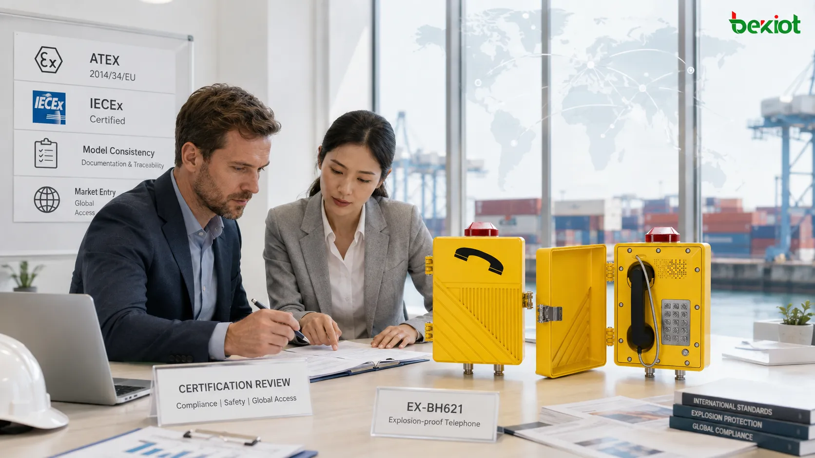 Revue de certification internationale d'un téléphone antidéflagrant portant sur la cohérence du modèle, ATEX, IECEx, la classification nord-américaine des zones dangereuses, l'approbation des achats et les exigences d'accès au marché