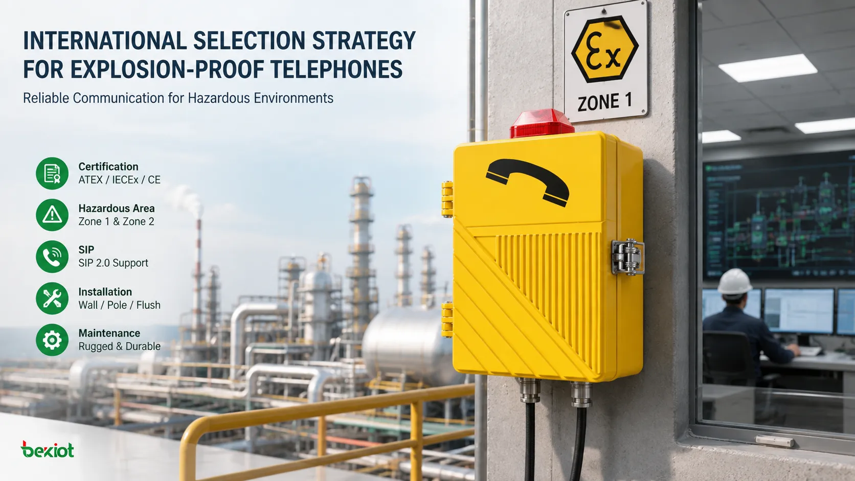 Sélection du téléphone antidéflagrant EX-BH621 pour des projets internationaux, couvrant la revue de certification, l'adéquation à la zone dangereuse, l'intégration SIP avec le dispatching, l'installation, la protection IP, la qualité vocale et la documentation de maintenance