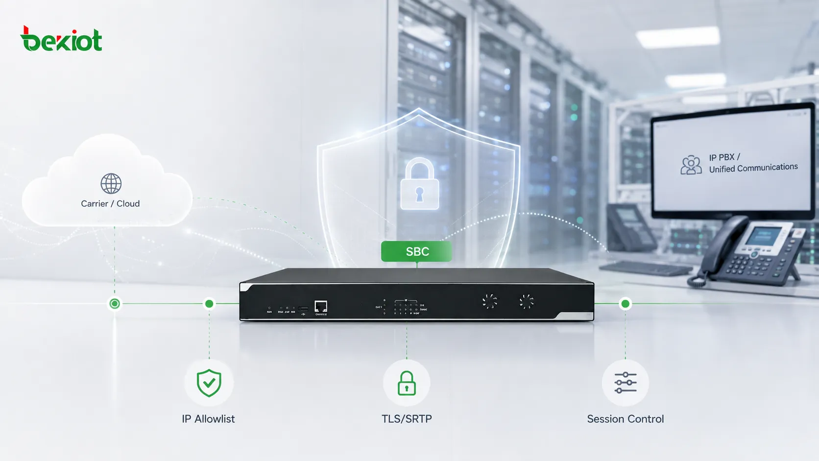 Trunk SIP d’entreprise protégé par un SBC, des contrôles d’accès, une signalisation chiffrée et une surveillance des trafics anormaux à la frontière du réseau VoIP