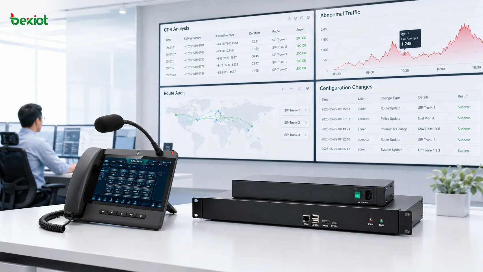 Plateforme d’exploitation VoIP utilisant l’analyse des CDR, l’audit des routes, les alertes d’anomalie et les registres d’autorisations pour identifier le trafic voix international non autorisé