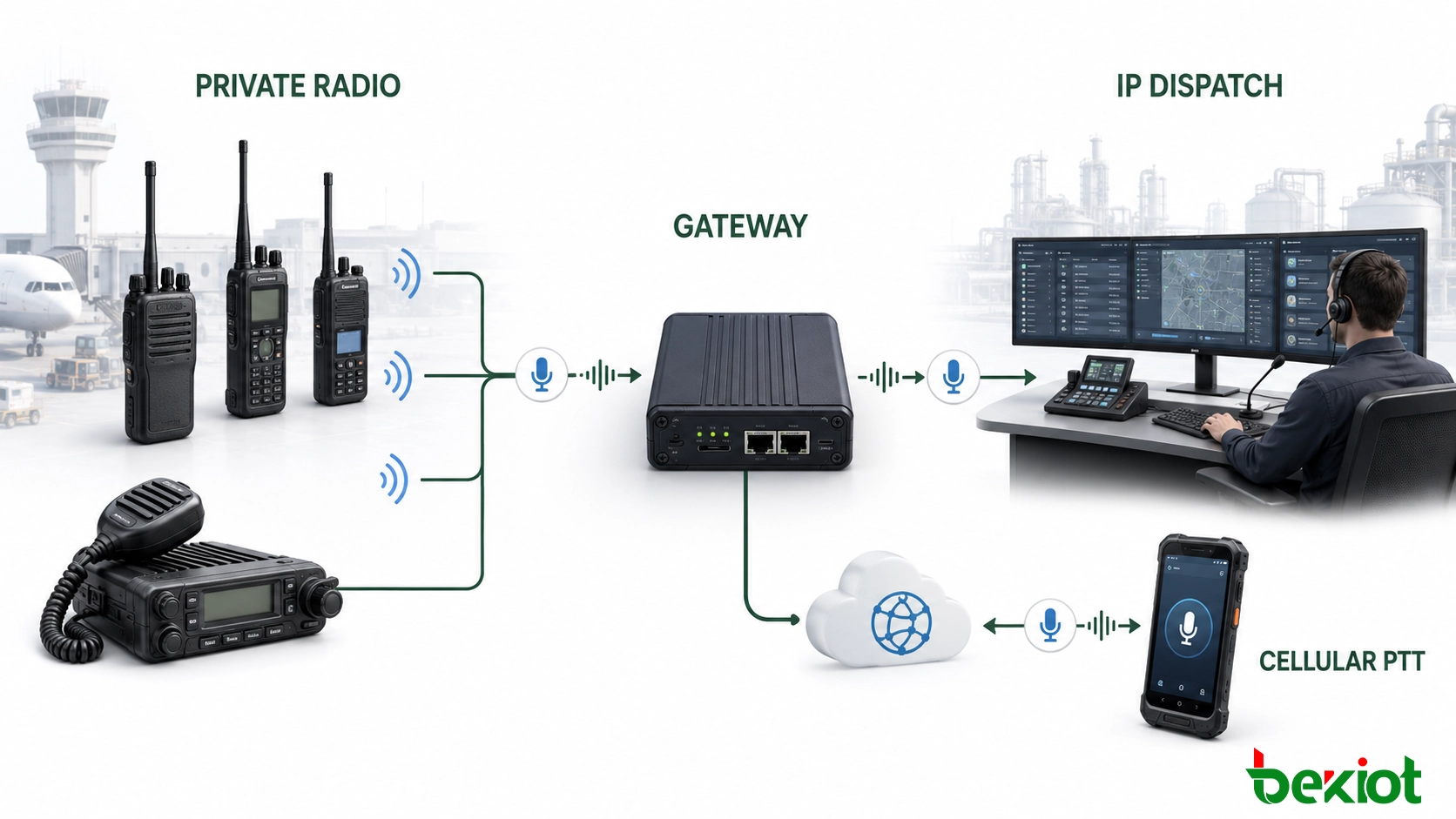 Passerelle d'interopérabilité radio connectant une radio privée, un PTT cellulaire et un dispatching IP