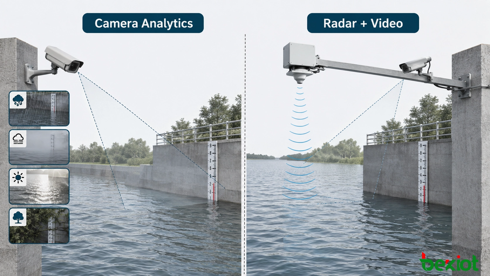 Comparaison de la surveillance du niveau d'eau par caméra et par radar dans un chenal de rivière