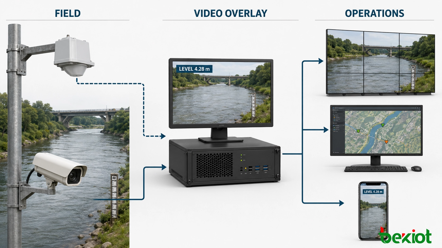 Architecture reliant un capteur de niveau d'eau radar et une caméra CCTV à une plateforme de superposition vidéo