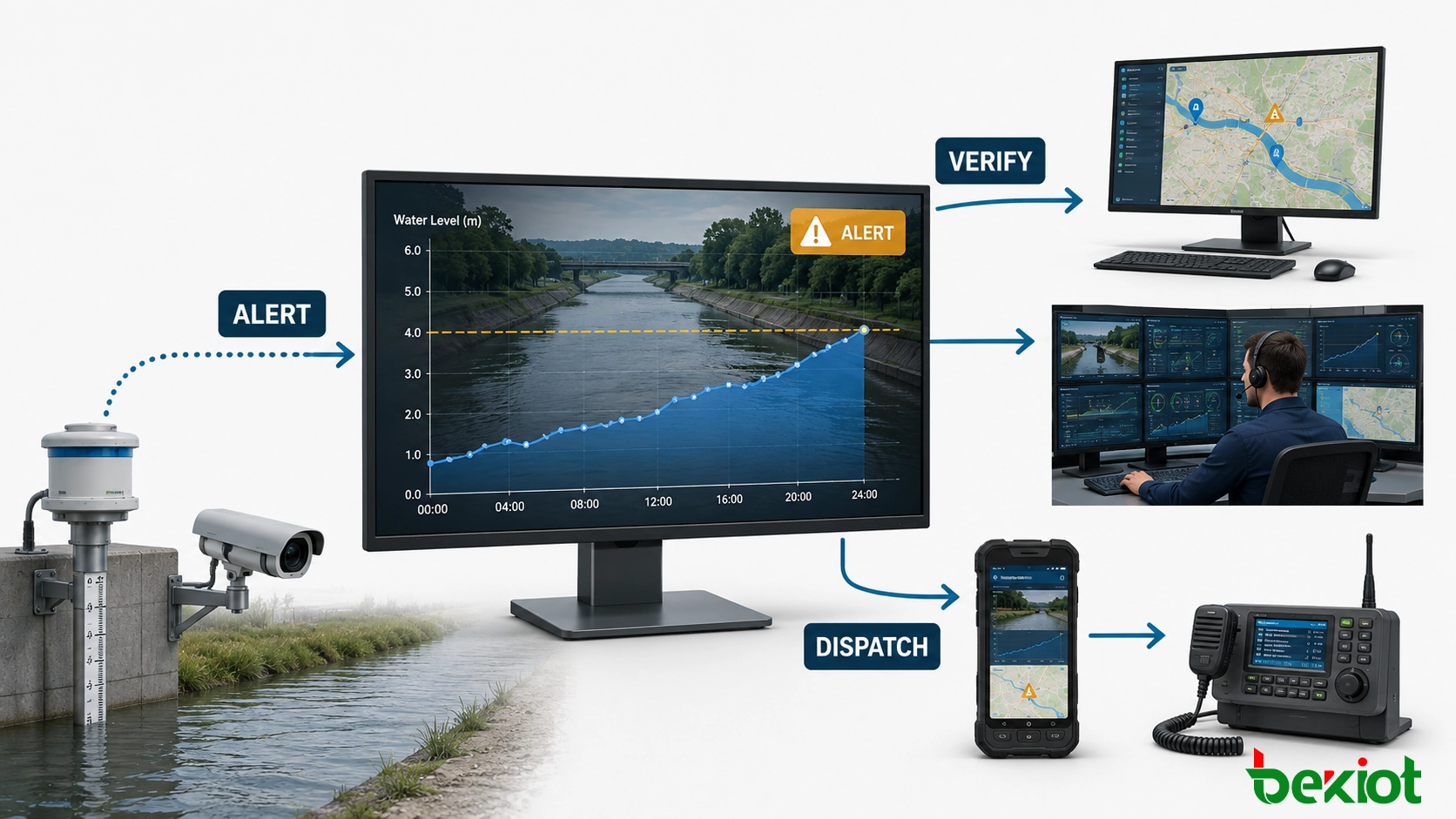 Flux de travail d'alerte de surveillance intelligente de l'eau reliant la vidéo, le SIG, la répartition, le mobile et les systèmes de salle de contrôle