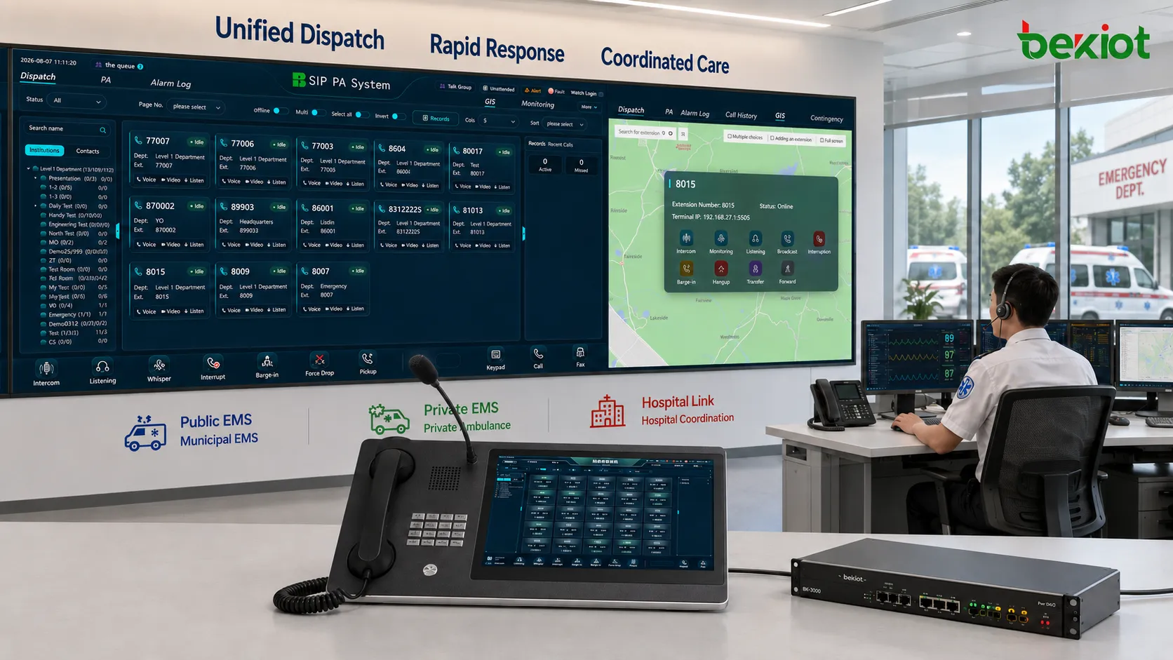 Ambulance transmettant l'heure d'arrivée estimée et les informations préhospitalières essentielles à un service d'urgence via un système de commandement pendant le transport du patient