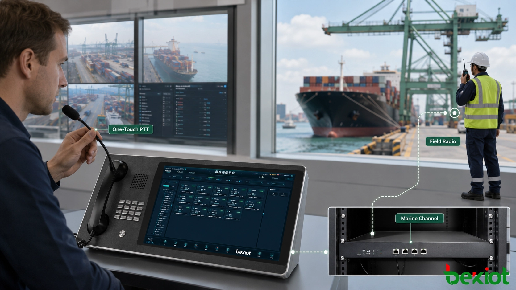 Répartiteur portuaire utilisant la touche PTT en un clic pour communiquer avec les utilisateurs radio des navires et du quai