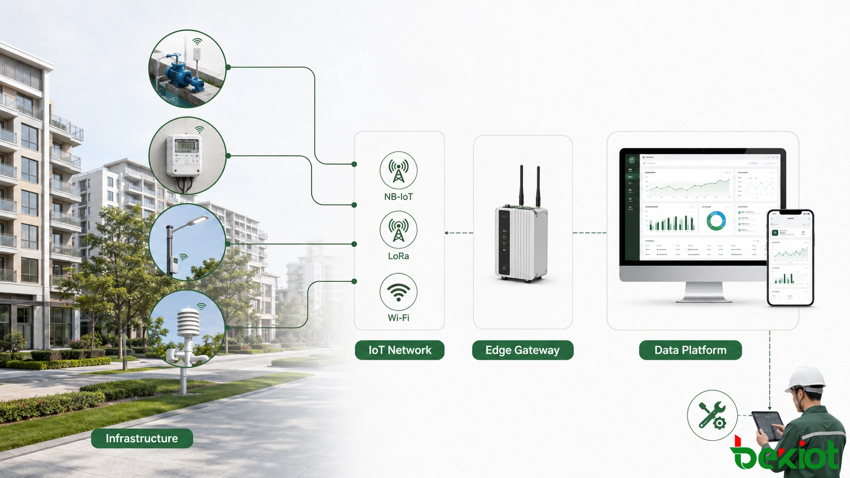 Base numérique de la communauté intelligente connectant des capteurs de services publics, des réseaux IoT, des passerelles de périphérie et une plateforme de données