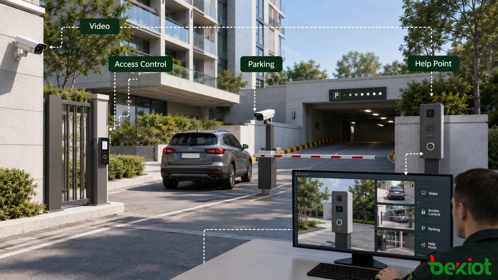 Flux de travail intégré de sécurité et de stationnement communautaire avec vidéo, contrôle d'accès, interphone et reconnaissance de plaques d'immatriculation