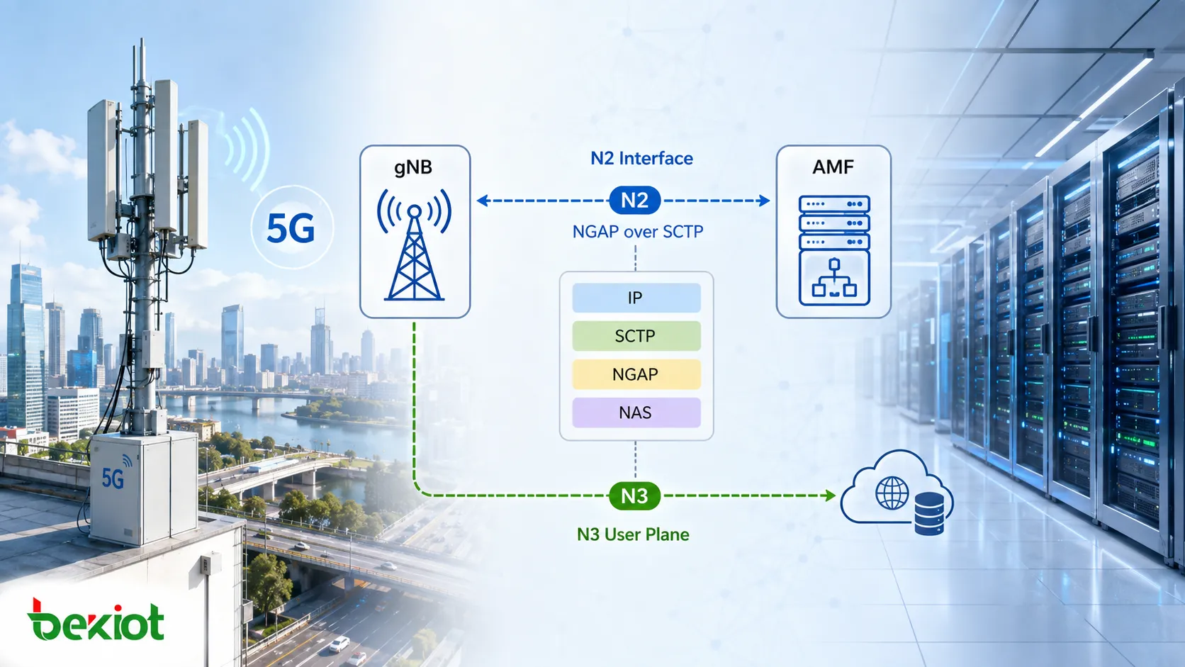 Interface N2 5G reliant le gNB et l’AMF via SCTP et NGAP tout en transportant la signalisation NAS et les procédures du plan de contrôle de l’UE