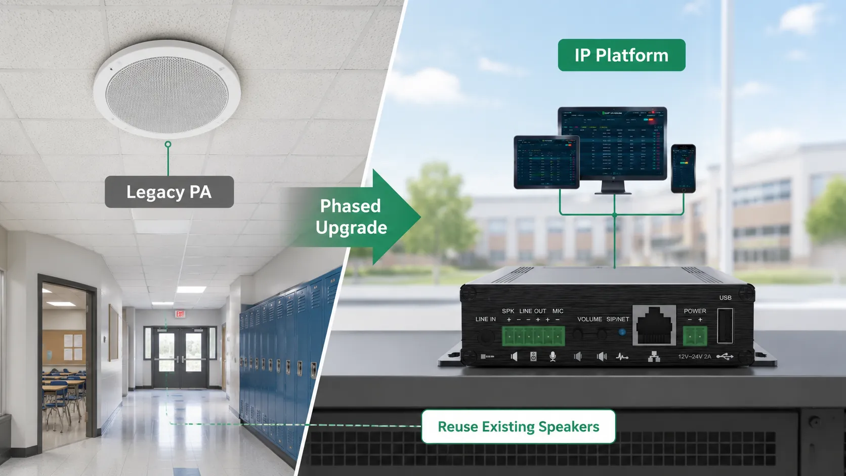 Ancien système analogique de sonorisation intégré à une nouvelle plateforme PA de campus via des passerelles IP, avec conservation des amplificateurs et haut-parleurs existants et ajout progressif de terminaux IP