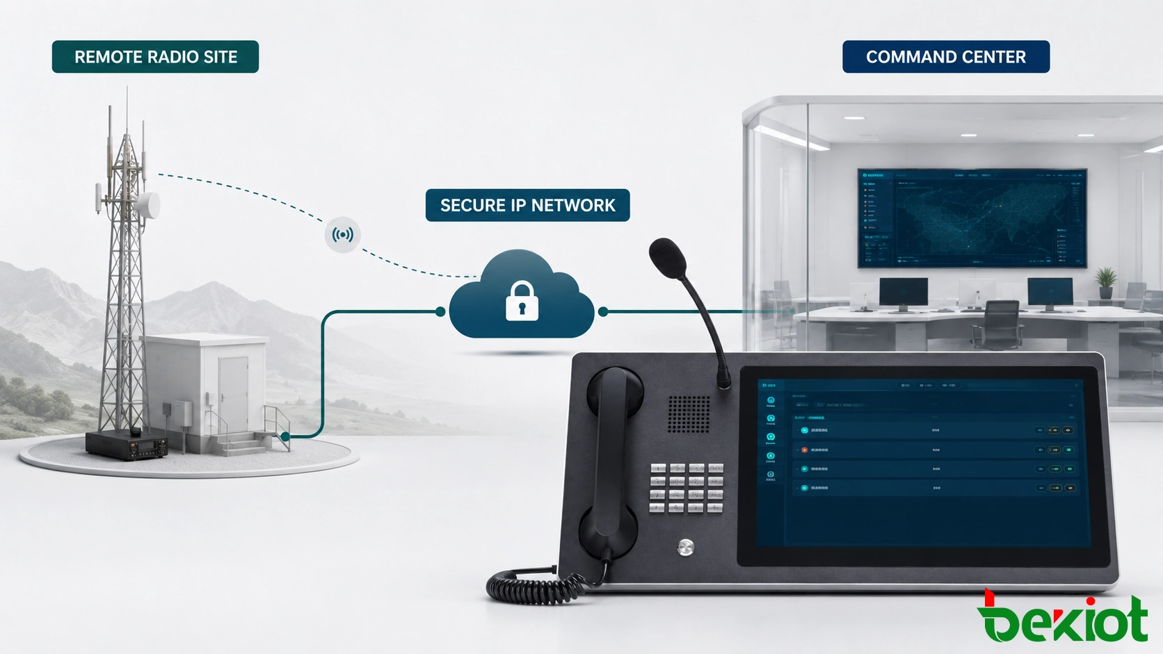 Sites radio distants distribués connectés à un centre de commandement et de répartition sécurisé