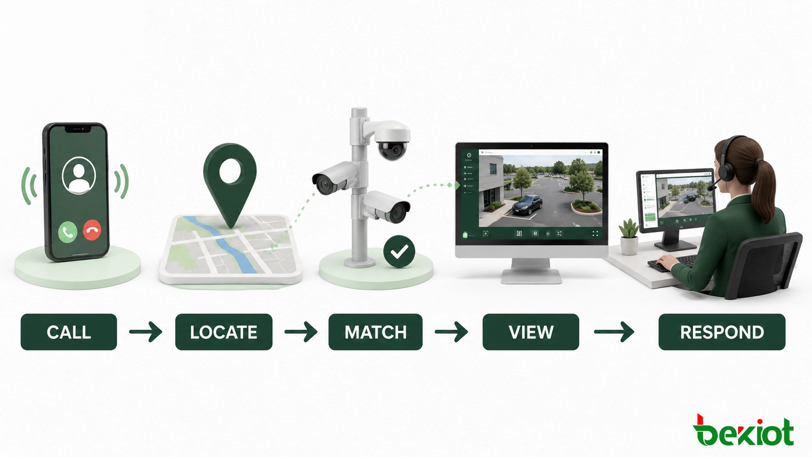 Flux de travail montrant un appel entrant localisé, mis en correspondance avec des caméras proches, converti en flux vidéo pour navigateur et affiché à un agent