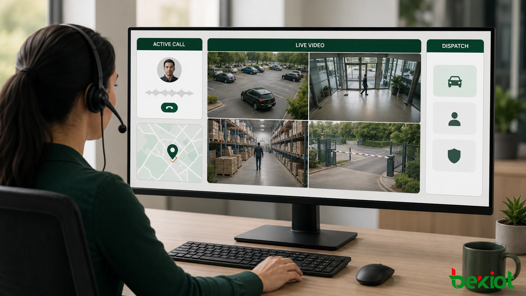 Espace de travail d'un agent de centre d'appels avec les informations d'appel, une vue en direct à quatre caméras, les détails de localisation et les contrôles de traitement des incidents